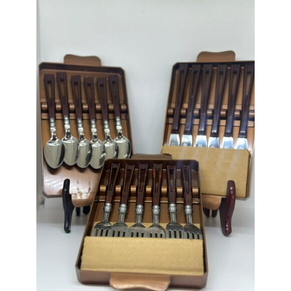 VTG STANHOME Stainless Faux Plastic Flatware Set (18 pcs) Matching Case Brown - Picture 1 of 10